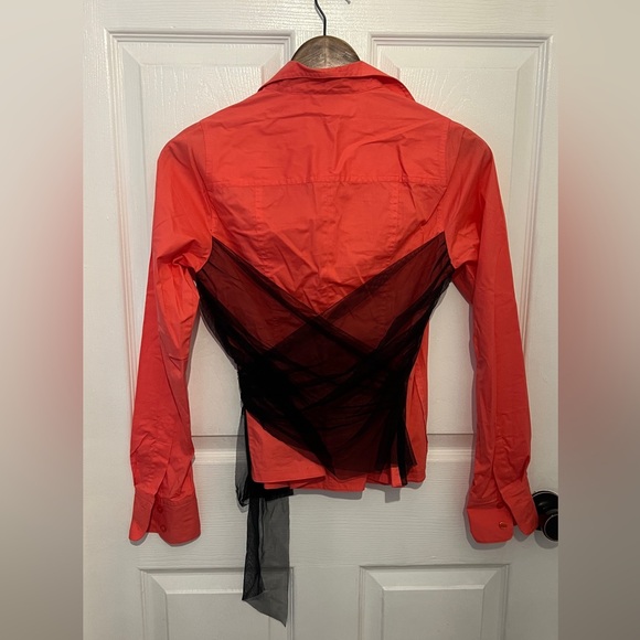 BYRON LARS Beauty Mark Women’s Orange Red Mesh Drape Front Button Down Shirt - Picture 2 of 3